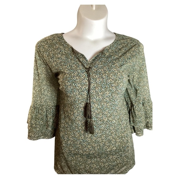 CJ Banks Green Floral Blouse with Tassels, Stretch, Plus Size 3X - Picture 4 of 9